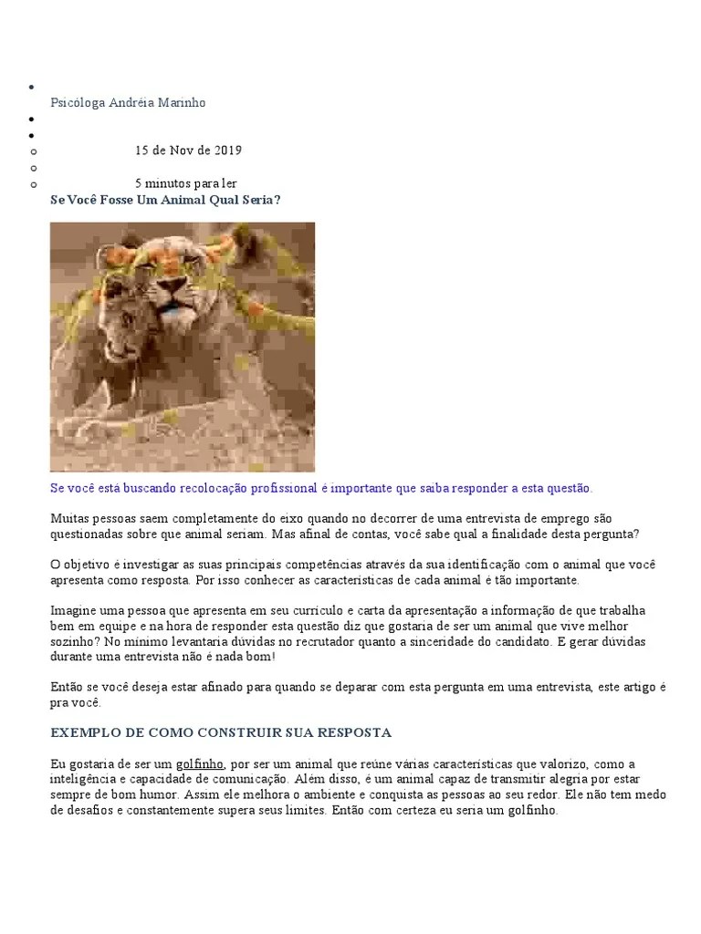 Se Você Fosse Um Animal, Qual Seria--- Com A Psicóloga Andréia Marinho | PDF | Liderança ...