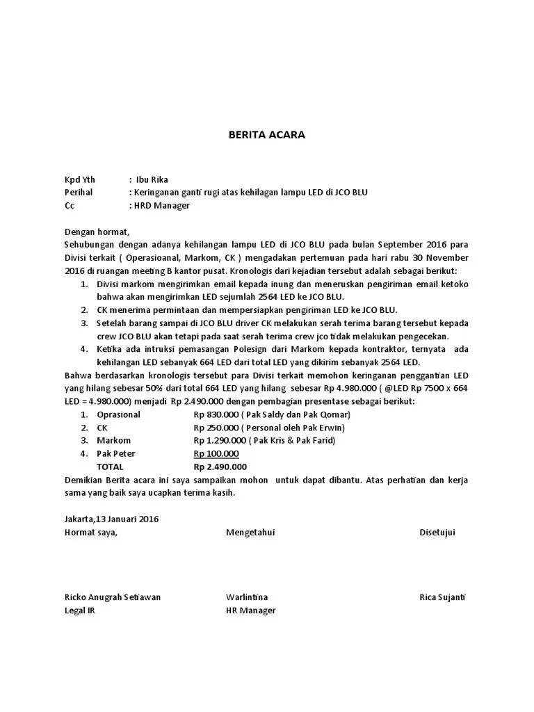 CONTOH BERITA ACARA Kehilangan LED | PDF