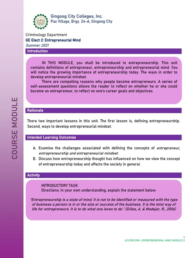 Module 1 Entrepreneurial Mind | PDF | Entrepreneurship | Mindset