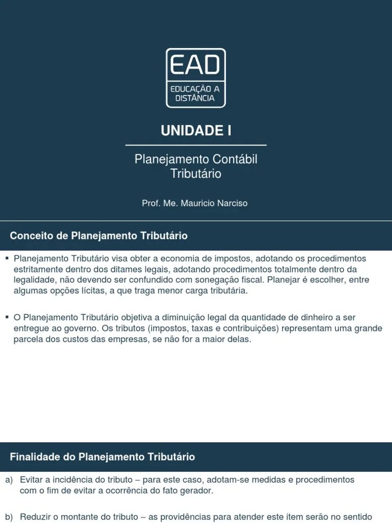 Planejamento Contábil Tributário - Unidade I | PDF | Evasão Fiscal | Impostos