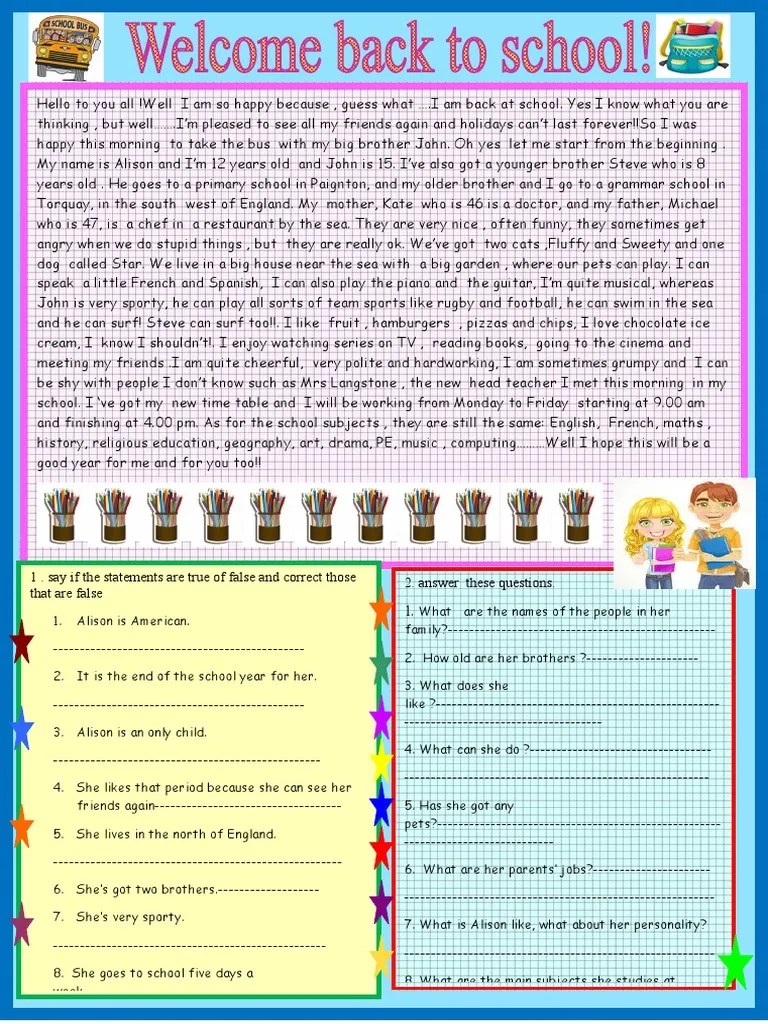 Welcome Back To School Reading Reading Comprehension Exercises 81525 | PDF