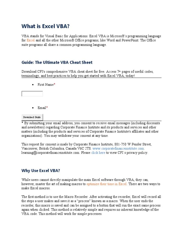 What Is Excel VBA?: Guide: The Ultimate VBA Cheat Sheet | Download Free PDF | Microsoft Excel ...