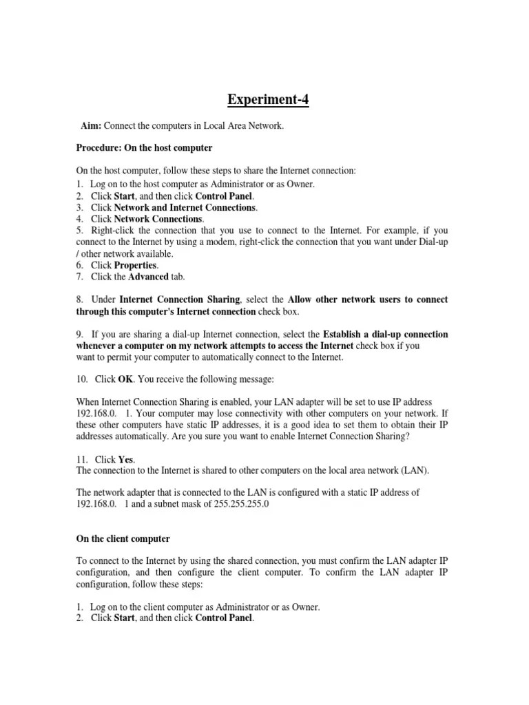 Experiment-4: Aim: Connect The Computers In Local Area Network ...