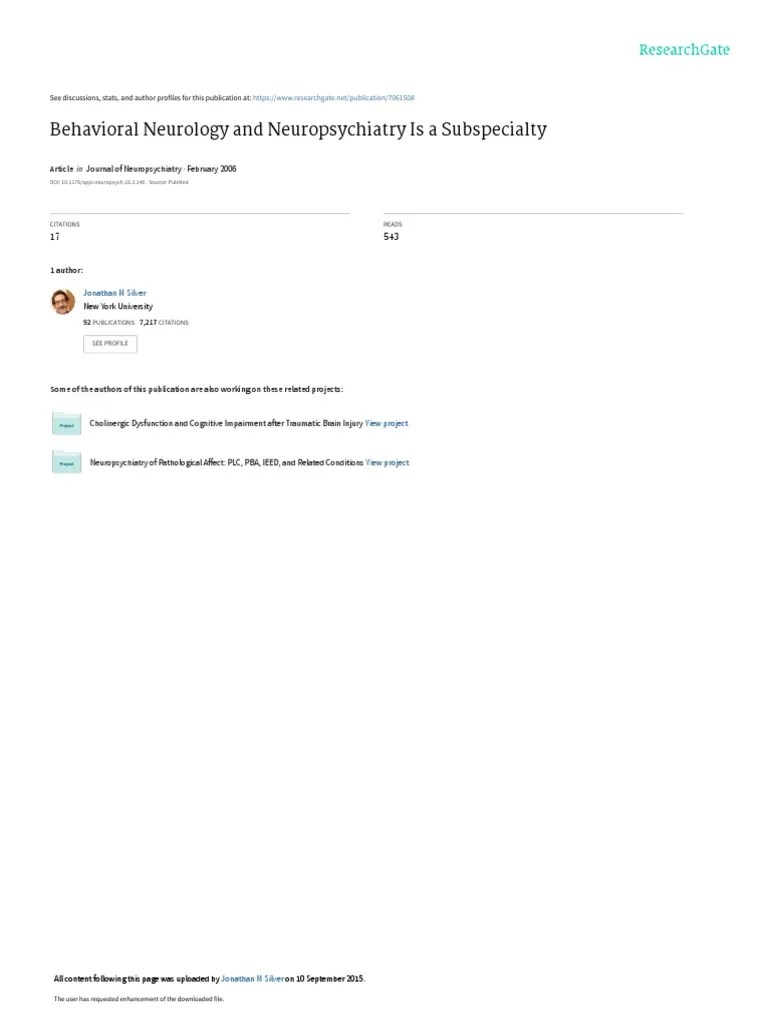 Behavioral Neurology And Neuropsychiatry Is A Subs | PDF ...