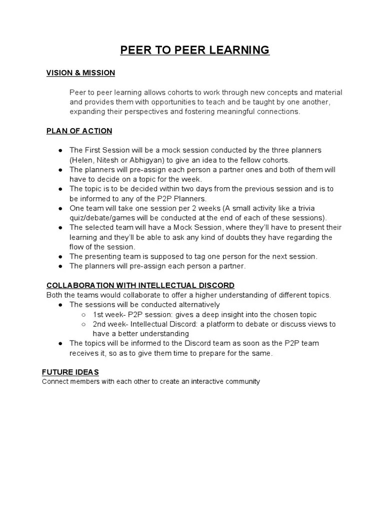 Peer To Peer Learning: Vision & Mission | PDF