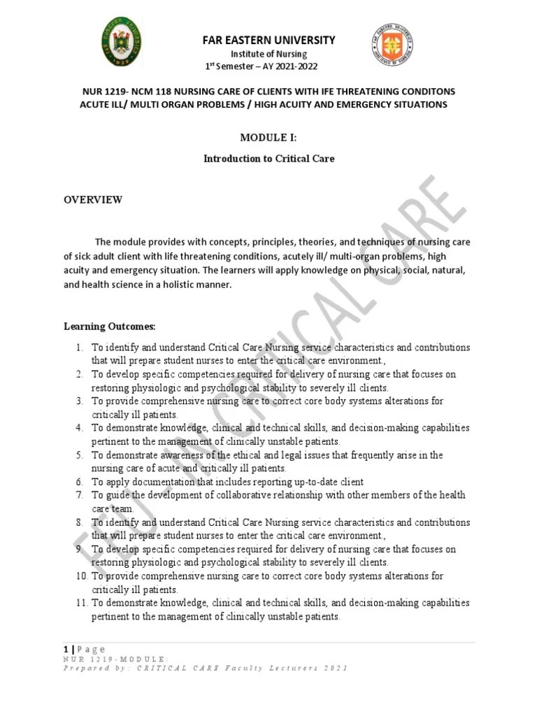 Introduction To Critical Care Handout | PDF | Intensive Care Medicine | Intensive Care Unit