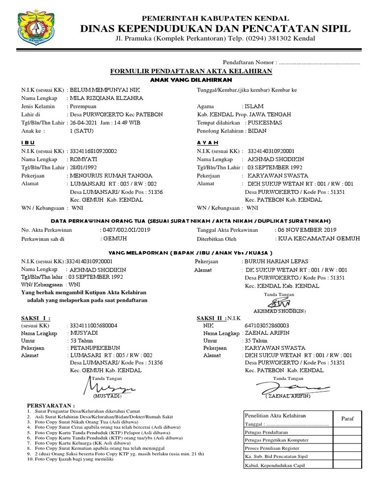 Formulir Pendaftaran Akta Kelahiran | PDF