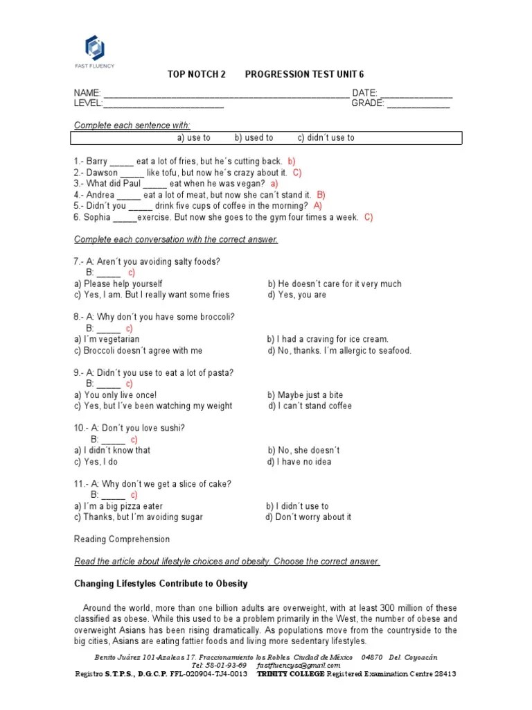 Top Notch 2 Unit 6 With Answers | PDF | Obesity | Nutrition