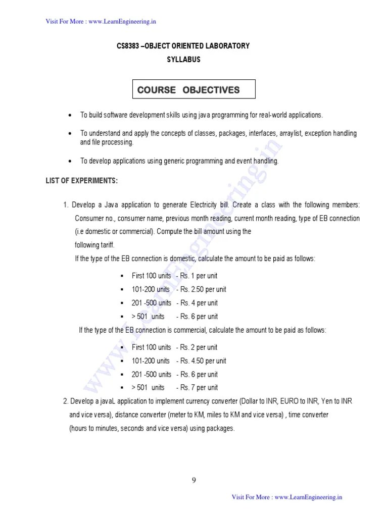 CS8383 - Object Oriented Programming Laboratory Manual - By LearnEngineering - In | PDF | Java ...