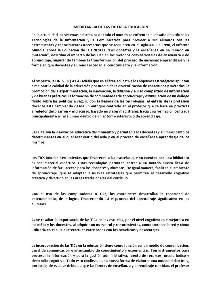 Importancia De Las Tic En La Educacion | PDF | Tecnología De Información Y Comunicaciones ...