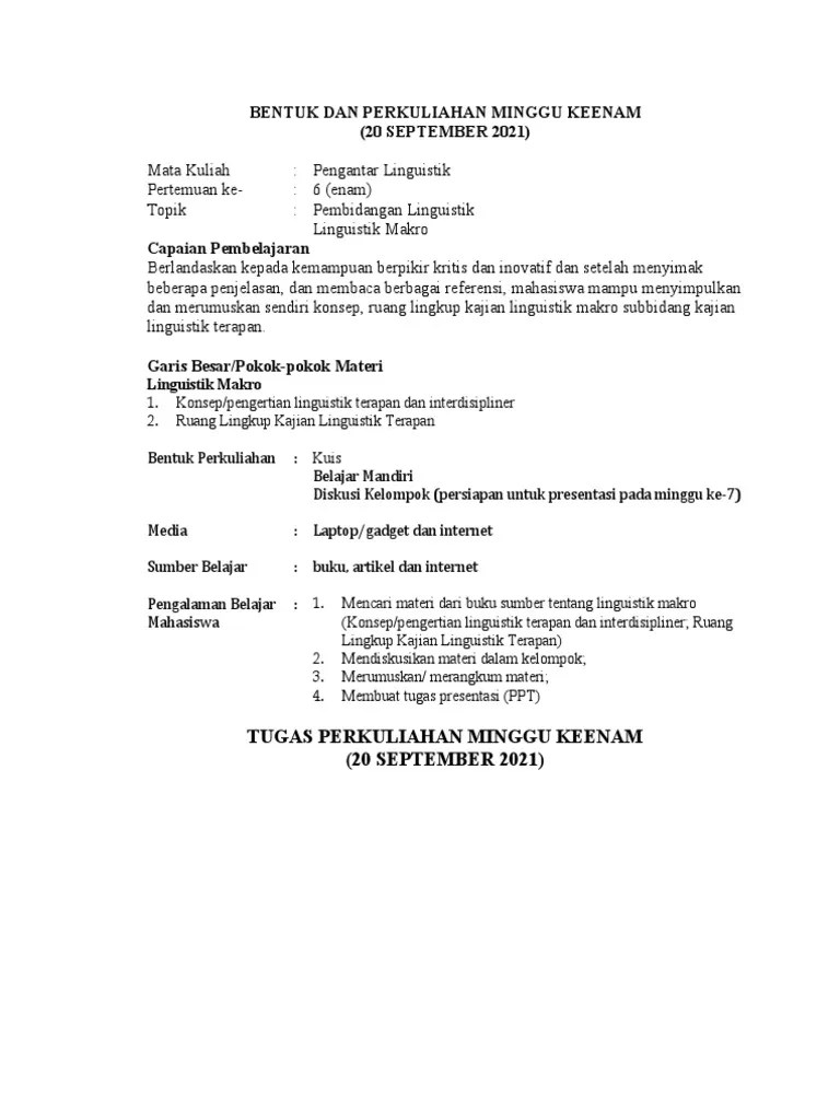 Bentuk Dan Tugas Perkuliahan Pengantar Linguistik Minggu Keenam | PDF