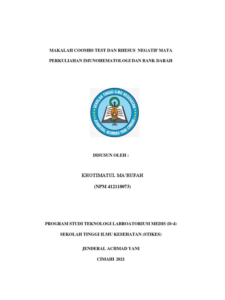 Makalah Coombs Test Dan Rhesus Negatif Mata Perkuliahan Imunohematologi Dan  Bank Darah | PDF