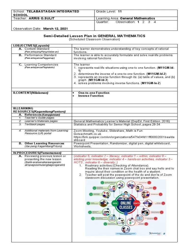 Detailed-Lesson-Plan-One To One Function And Inverse Function | PDF ...