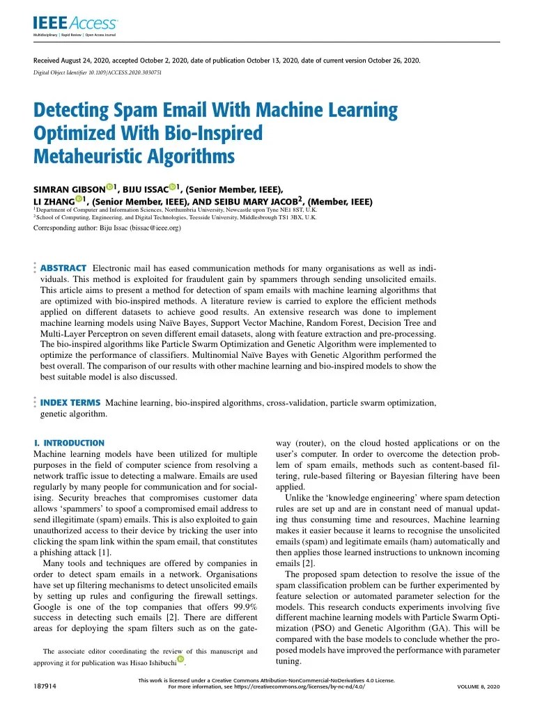 Detecting Spam Email With Machine Learning Optimized With Bio-Inspired ...
