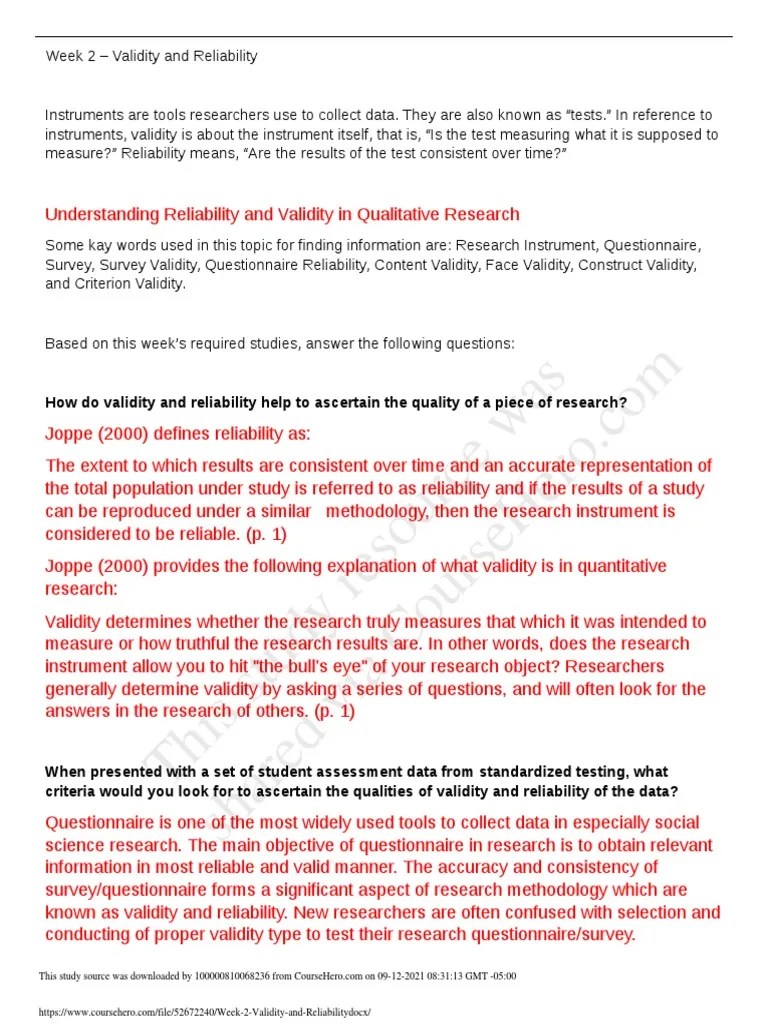 Week 2 Validity And Reliability | PDF | Validity (Statistics) | Survey ...