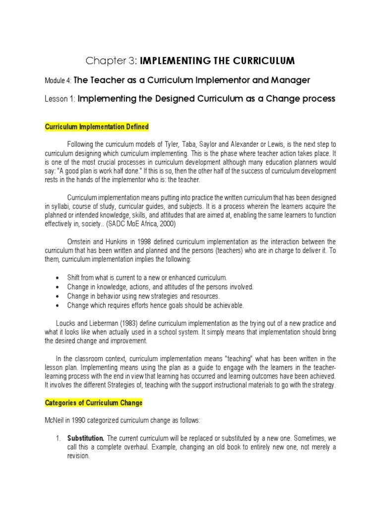 Chapter 3: Implementing The Curriculum: The Teacher As A Curriculum ...