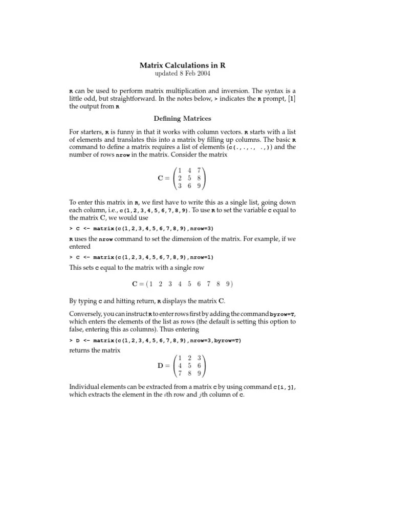 Matrix Calculations In R Pdf Matrix Mathematics Algebra