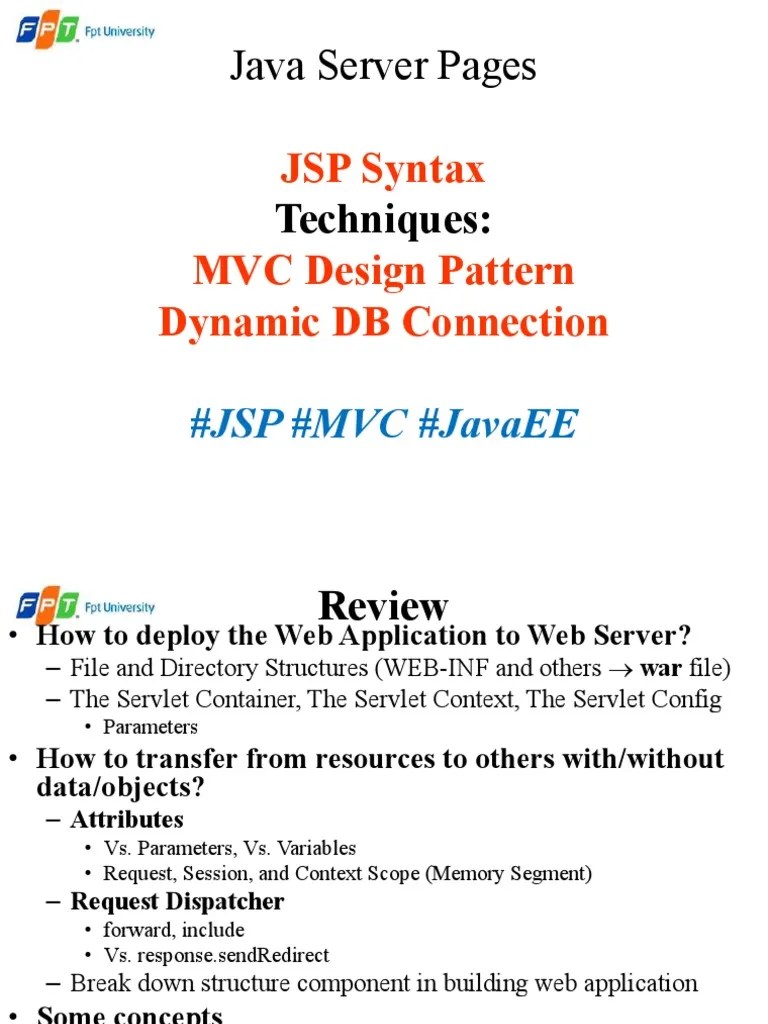 JSP Syntax MVC Design Pattern Dynamic DB Connection: Java Server Pages ...