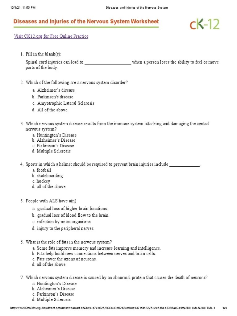 Diseases And Injuries Of The Nervous System Worksheet | PDF | Nervous ...