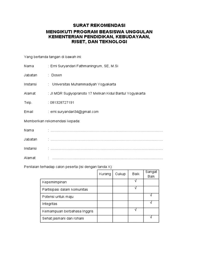 Surat rekomendasi peserta beasiswa unggulan