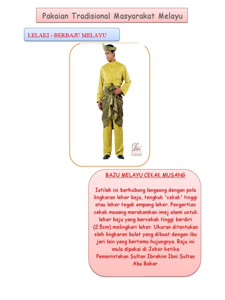 1.baju melayu cekak musang istilah ini berhubung langsung dengan pola lingkaran leher . Pakaian Tradisional Masyarakat Melayu Pdf