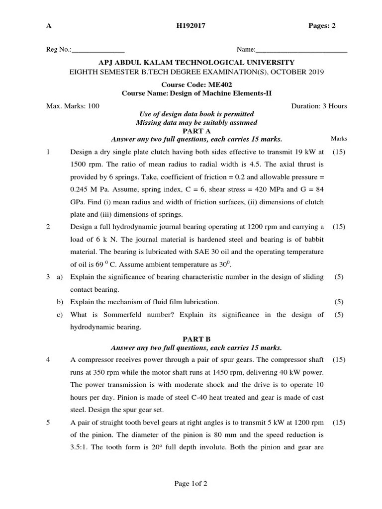Question Paper - Design Of Machine Elements 2 Oct-19-October - 2019 ...