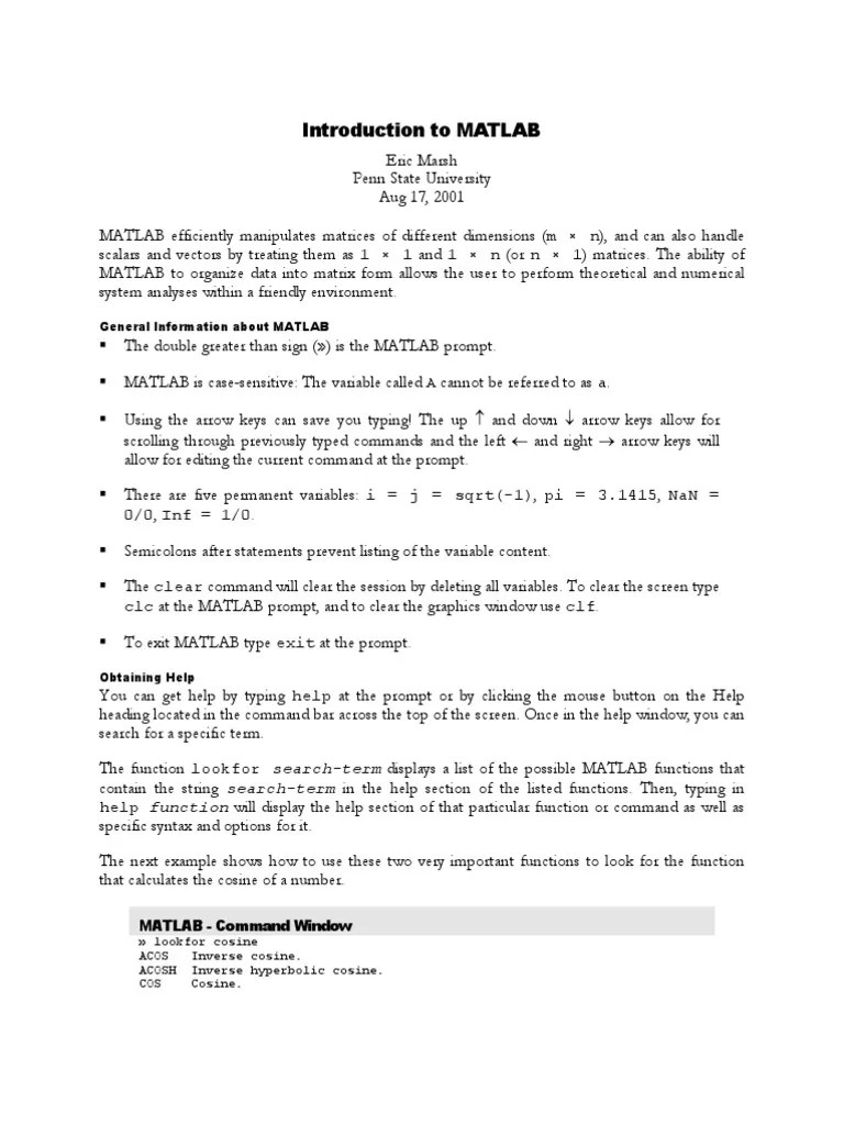 Matlab Intro Marsh | PDF | Matlab | Matrix (Mathematics)