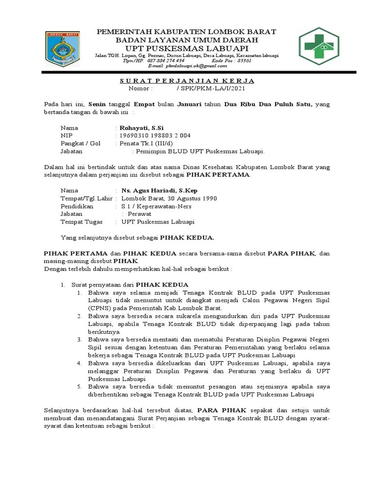 Surat Perjanjian Kontrak Kerja Tenaga Kontrak Puskesmas | PDF