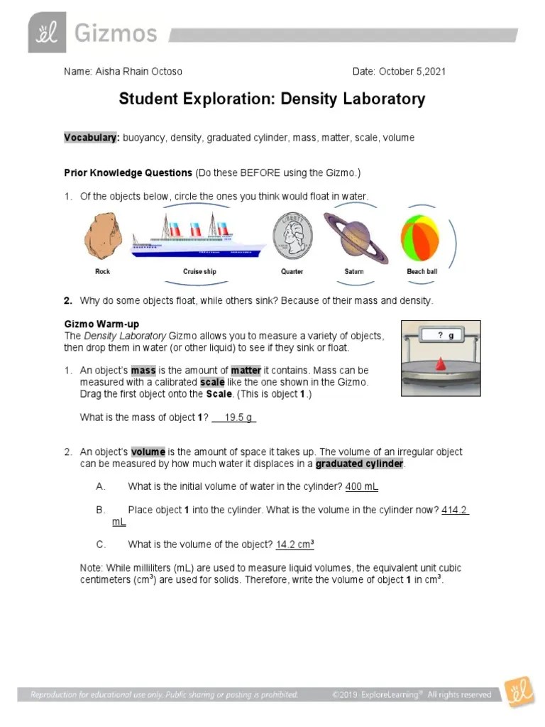 Student Exploration: Density Laboratory: Vocabulary: Buoyancy, Density ...