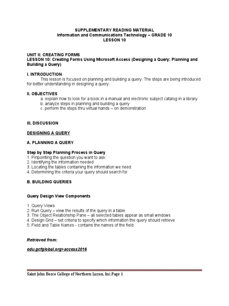 RM 8 - Creating Forms Using Microsoft Access (Designing A Query Planning And Building A Query ...