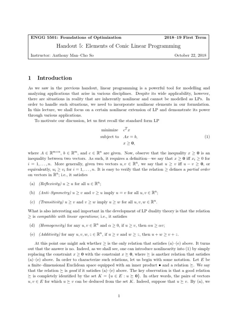 Handout 5 Elements Of Conic Linear Programming | PDF | Mathematics | Linear Programming
