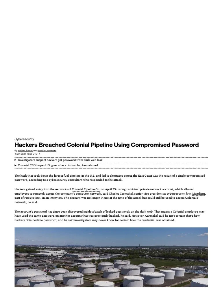 Colonial Pipeline Cyber Attack - Hackers Used Compromised Password ...