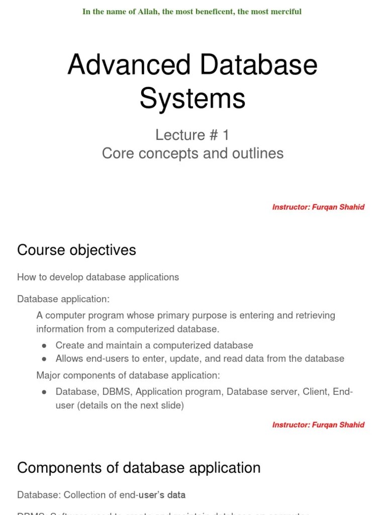 Advanced Database Systems: Lecture # 1 Core Concepts And Outlines | PDF ...