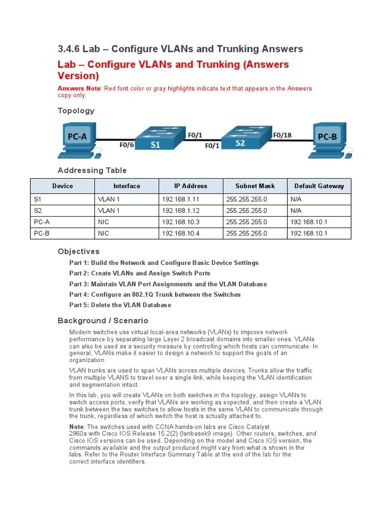 3.4.6 Lab - Configure Vlans And Trunking Answers | PDF | Computer ...