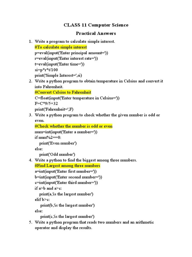 CLASS 11 Computer Science Practical Answers | PDF | Area | Fahrenheit