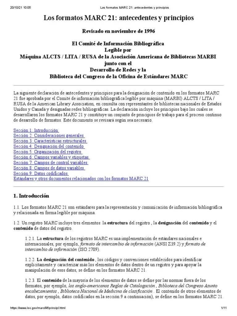 Los Formatos MARC 21 - Antecedentes Y Principios | PDF | Catalogación | Ciencias De La Información