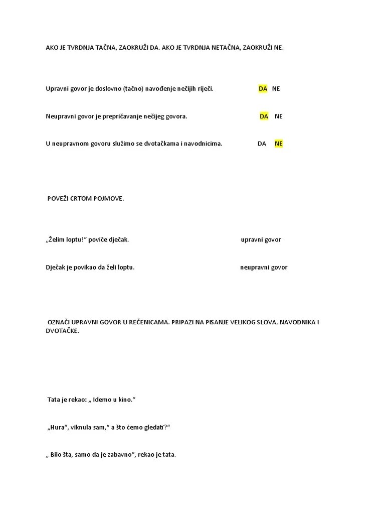 Rjesenje Vježbe Upravni Govor | PDF