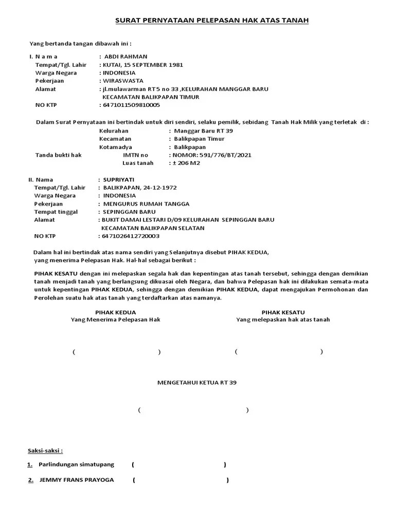Surat Pernyataan Pelepasan Hak Atas Tanah | PDF