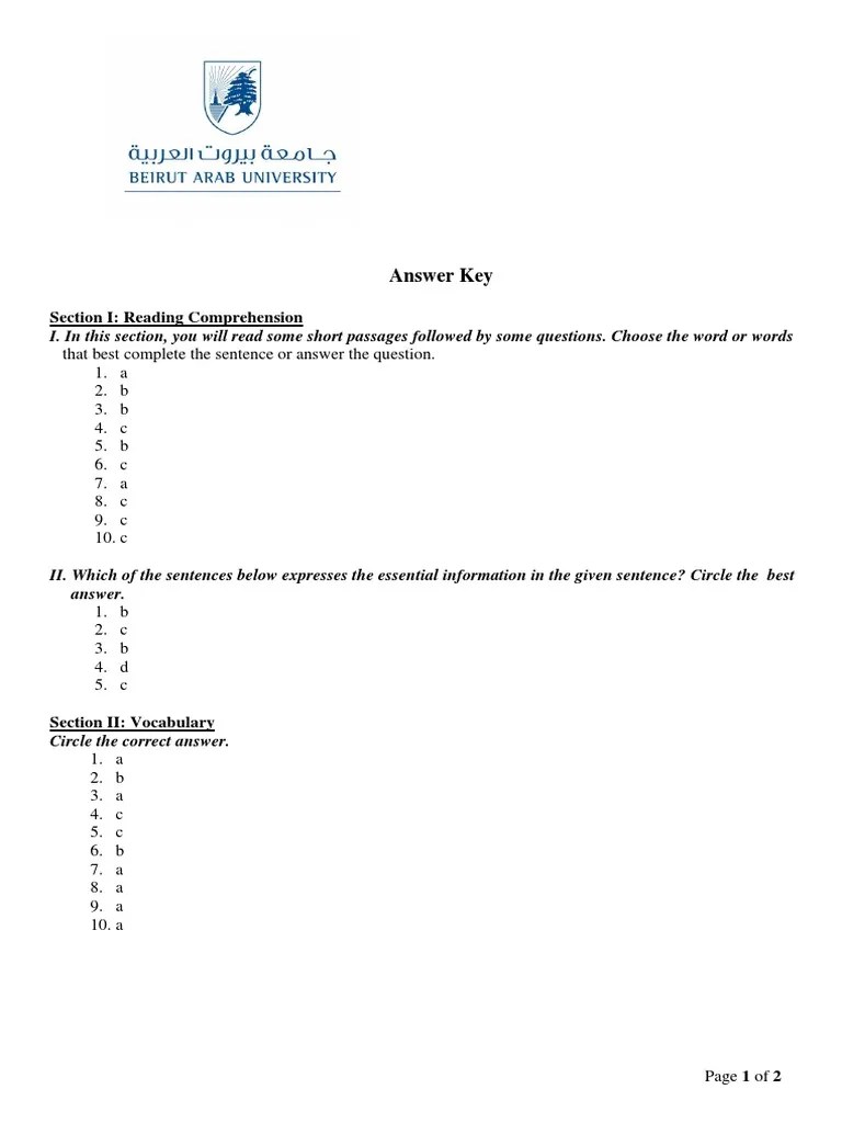 Answer Key: Section I: Reading Comprehension | PDF