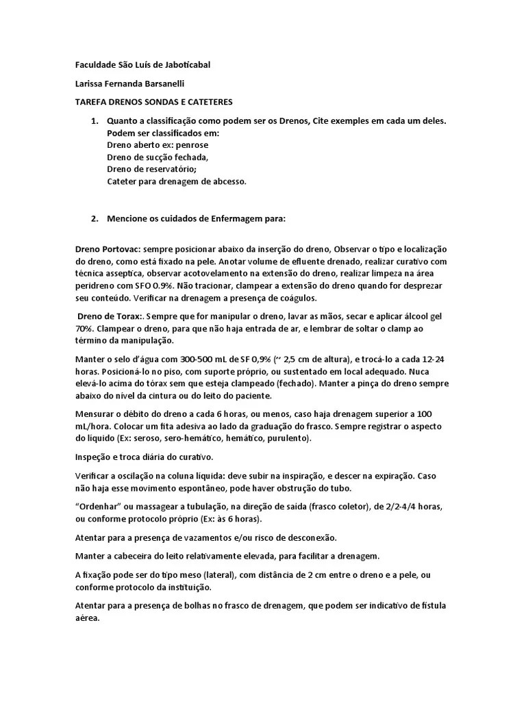 Cuidados De Enfermagem Com Drenos, Sondas E Cateteres | PDF | Especialidades Médicas
