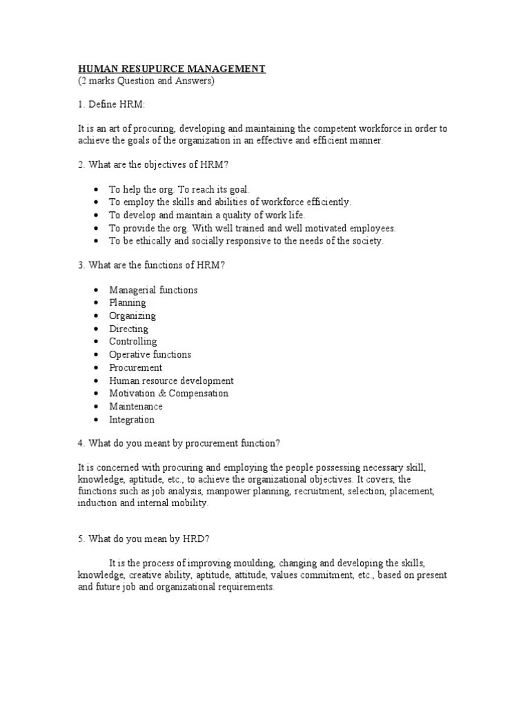 Hrm 2 Marks Questions And Answers Human Resource