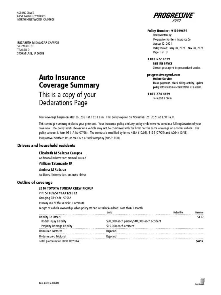 Auto Insurance Coverage Summary This Is A Copy Of Your Declarations ...