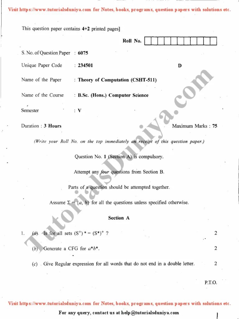 Theory Of Computation Question Paper 2015 - Tutorialsduniya | PDF ...