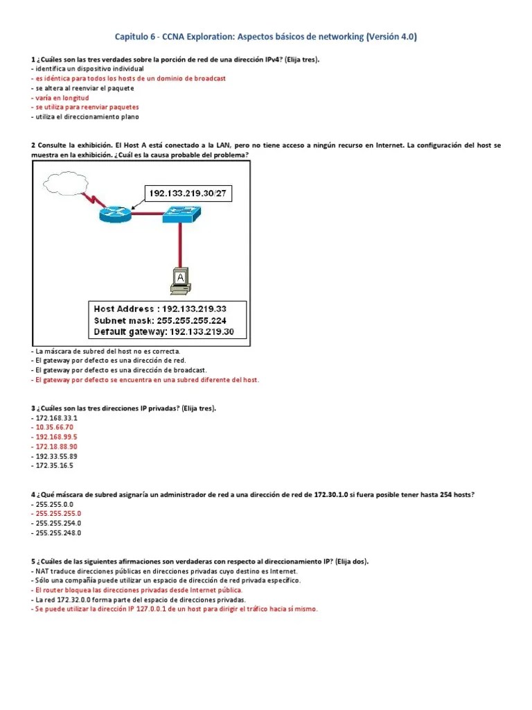 Ccna Examen Version 4.0 Cisco Modulo 1 Capitulo 6 | PDF | Dirección IP ...