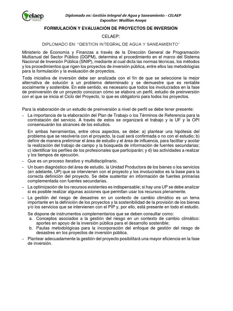 Formulación Y Evaluación De Proyectos De Inversión | PDF | Agua | Evaluación