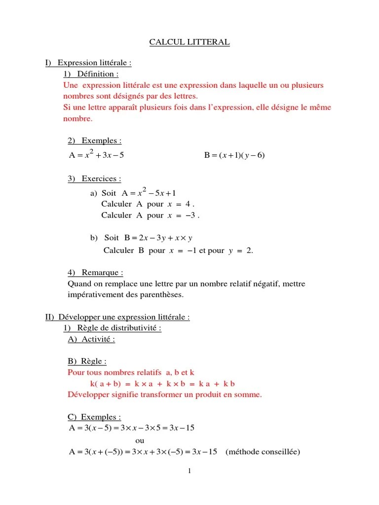 Cours Calcul Littéral7 | Descargar Gratis PDF | Mathématiques ...