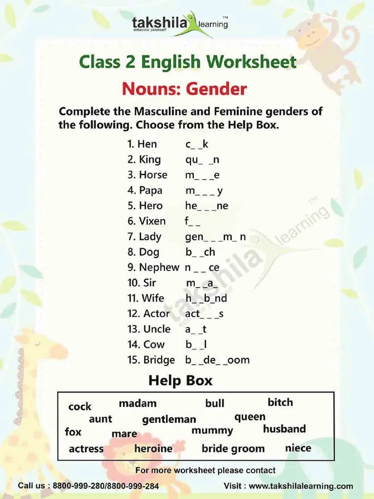 worksheets for class 2 english nouns gender pdf