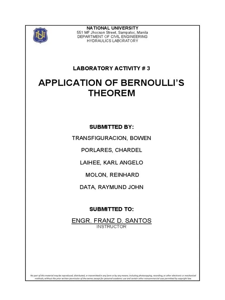 Laboratory Activity 3 Application Of Bernoullis Theorem | PDF | Fluid Dynamics | Fluid Mechanics