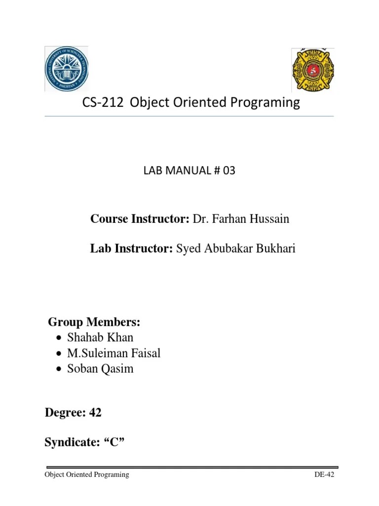 CS-212 Object Oriented Programing: Lab Manual # 03 | PDF | Class ...