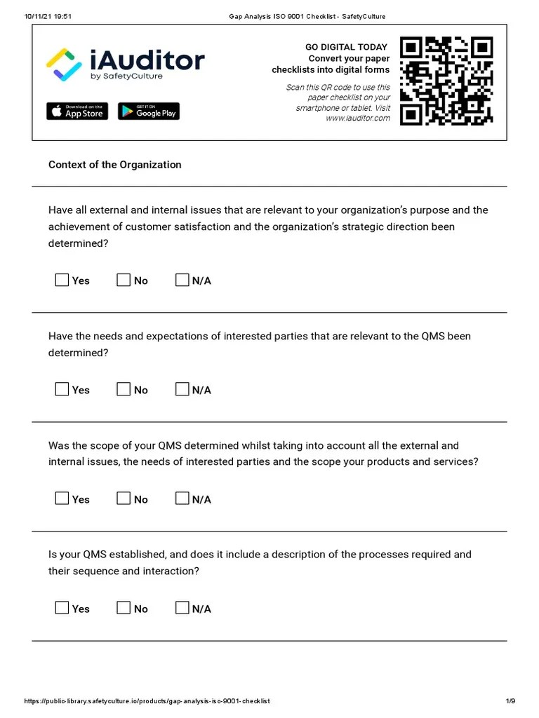 Gap Analysis ISO 9001 Checklist - SafetyCulture | PDF | Quality Management System | Iso 9000